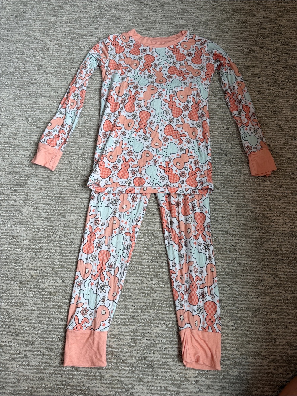 Kids Bunny Print coral and Mint Long Sleeve Pajama Set